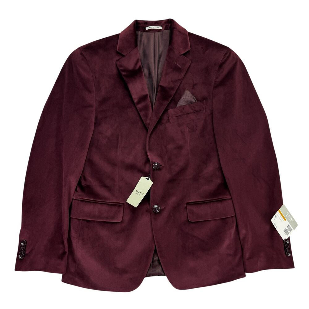 Alfani Mens Slim Fit Solid Velvet Sport Coat Burgundy Red 36S